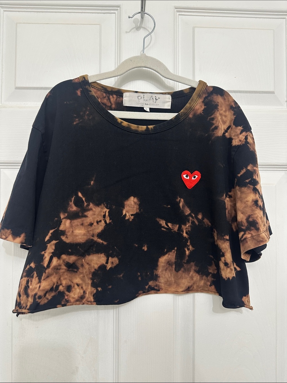 Comme Des Garçons play Black & Brown Tie-Dye Cropped Tee with Red Heart Patch
